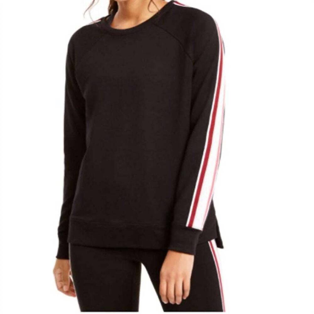 NEW IDEOLOGY activewear varsity stripe french terry sweatshirt in deep black